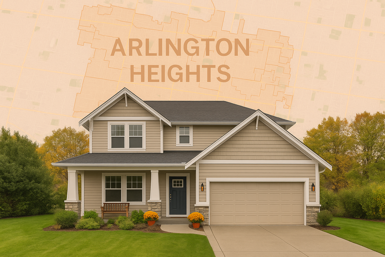 Exterior view of a charming Arlington Heights home with a subtle aerial overlay of local school district zones, designed to appeal to home sellers and highlight neighborhood value.