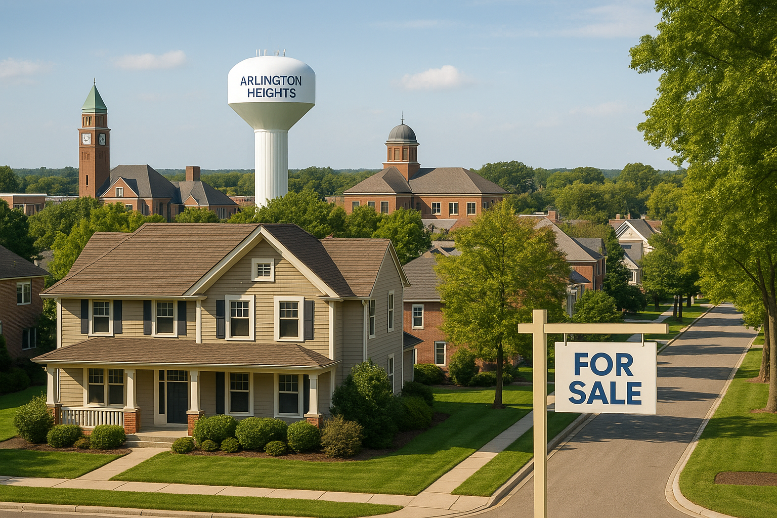 Panoramic view of a residential neighborhood in Arlington Heights featuring a charming two-story home, a prominent For Sale sign, and recognizable local landmarks including the Arlington Heights water tower and surrounding civic buildings.