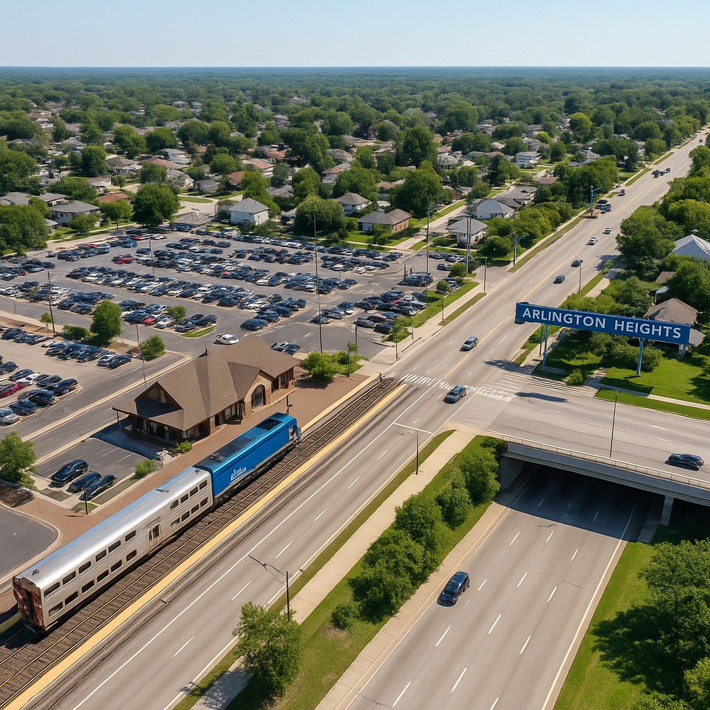 Aerial view of Arlington Heights showing the Metra station, major roadways, and surrounding neighborhoods, highlighting strong public transportation connectivity and its impact on local home values.