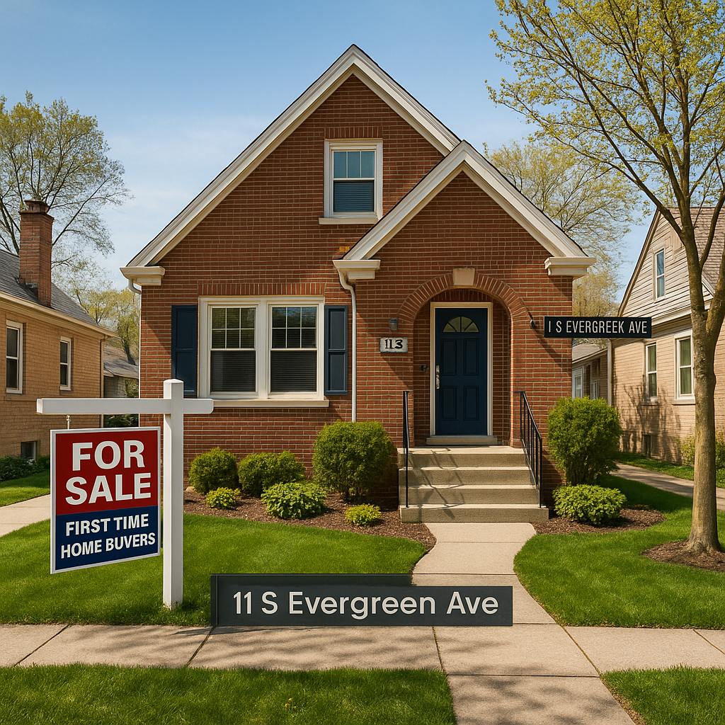 Street-view of a charming single-family home for sale at 11 S Evergreen Ave in Arlington Heights, IL, featuring a first-time homebuyer sign and a welcoming neighborhood setting