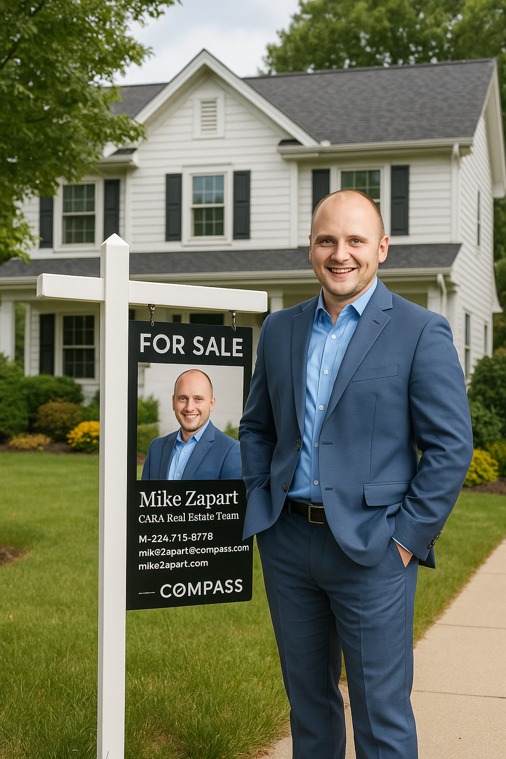 Mike Zapart, Arlington Heights real estate agent with the CARA Real Estate Team and Compass, standing in front of a charming suburban home with a modern black ‘For Sale’ sign, showcasing local housing appeal and professional listing services.