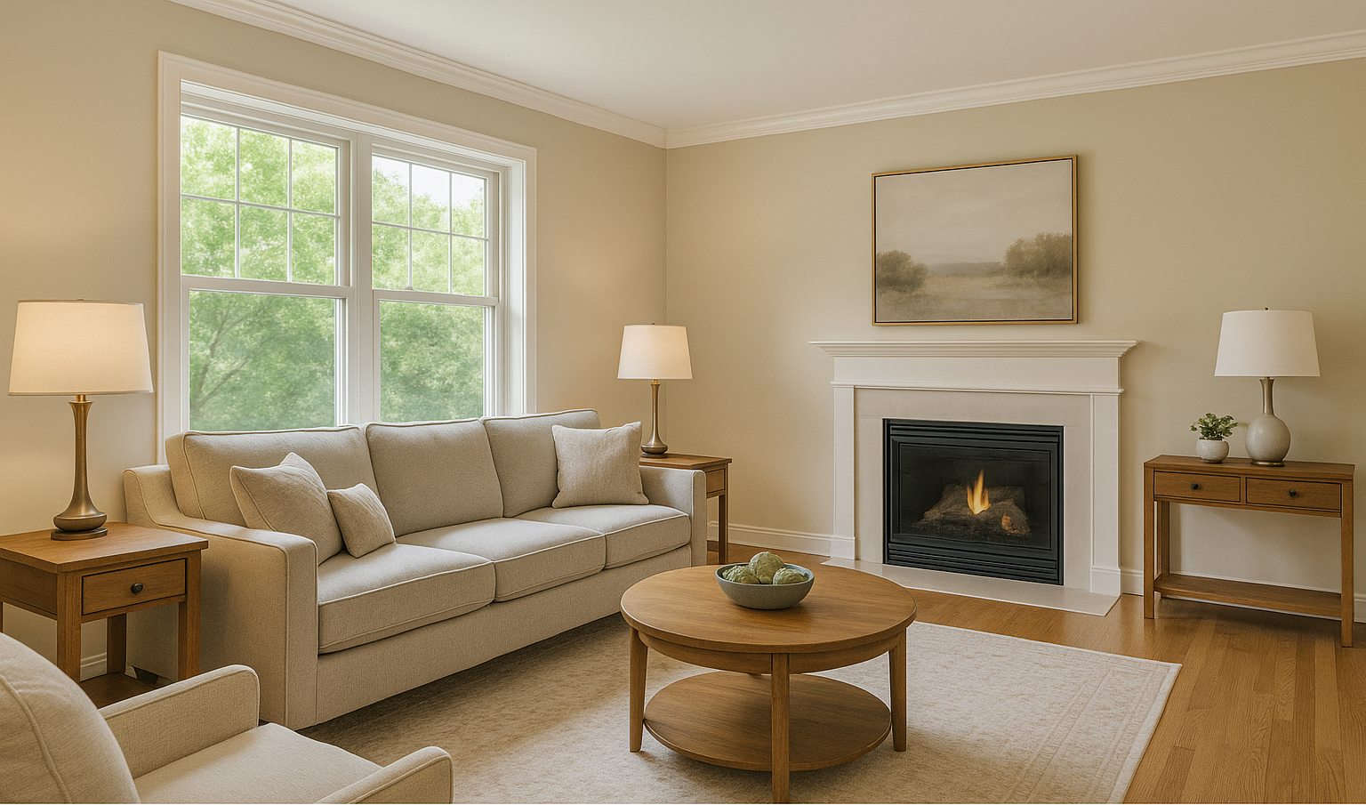 Bright, cozy condo living room in Arlington Heights with modern neutral decor, large windows, and a warm fireplace—an ideal interior for downsizing seniors seeking comfort and simplicity.