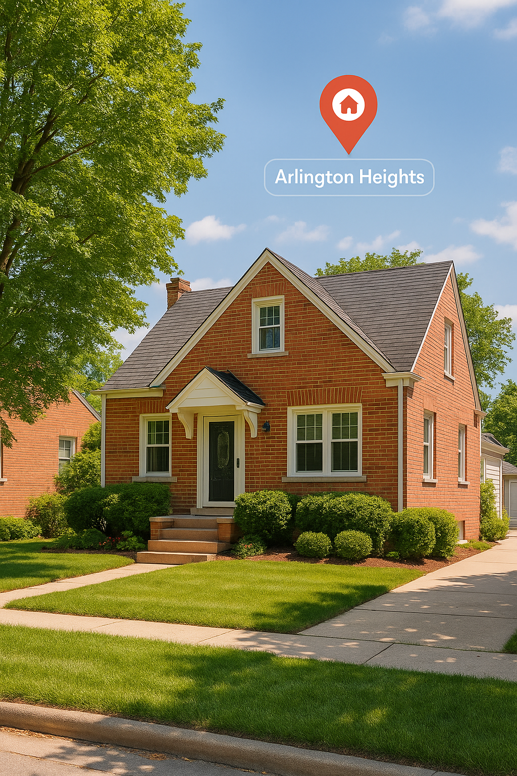 Charming brick single-family home in Arlington Heights, IL with a location marker highlighting nearby amenities—ideal for first-time home buyers.