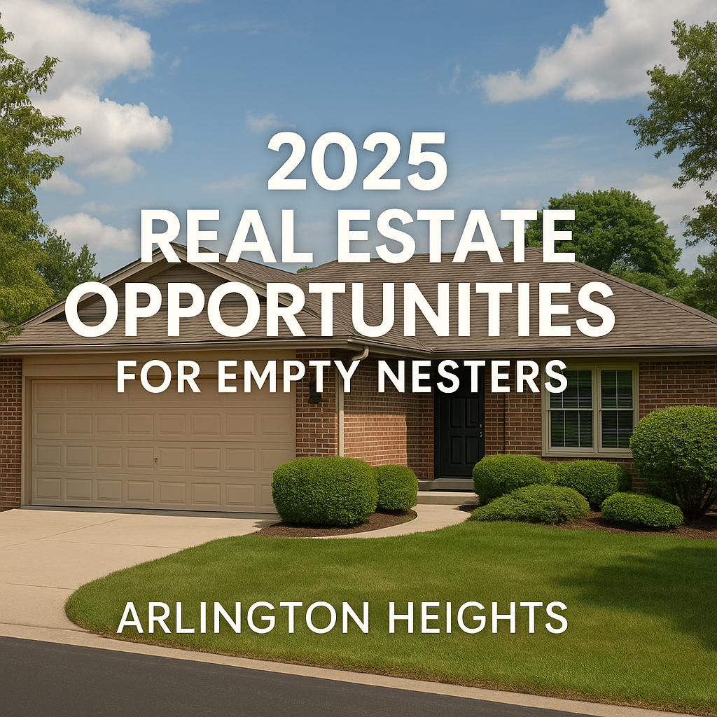 Ranch-style townhome in Arlington Heights with manicured landscaping, featuring an overlay text promoting “2026 Real Estate Opportunities for Empty Nesters.”
