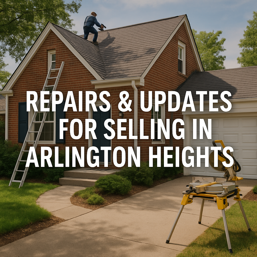 Single-family home in Arlington Heights undergoing exterior repairs, with a contractor on the roof and tools onsite, illustrating essential updates homeowners make before selling.