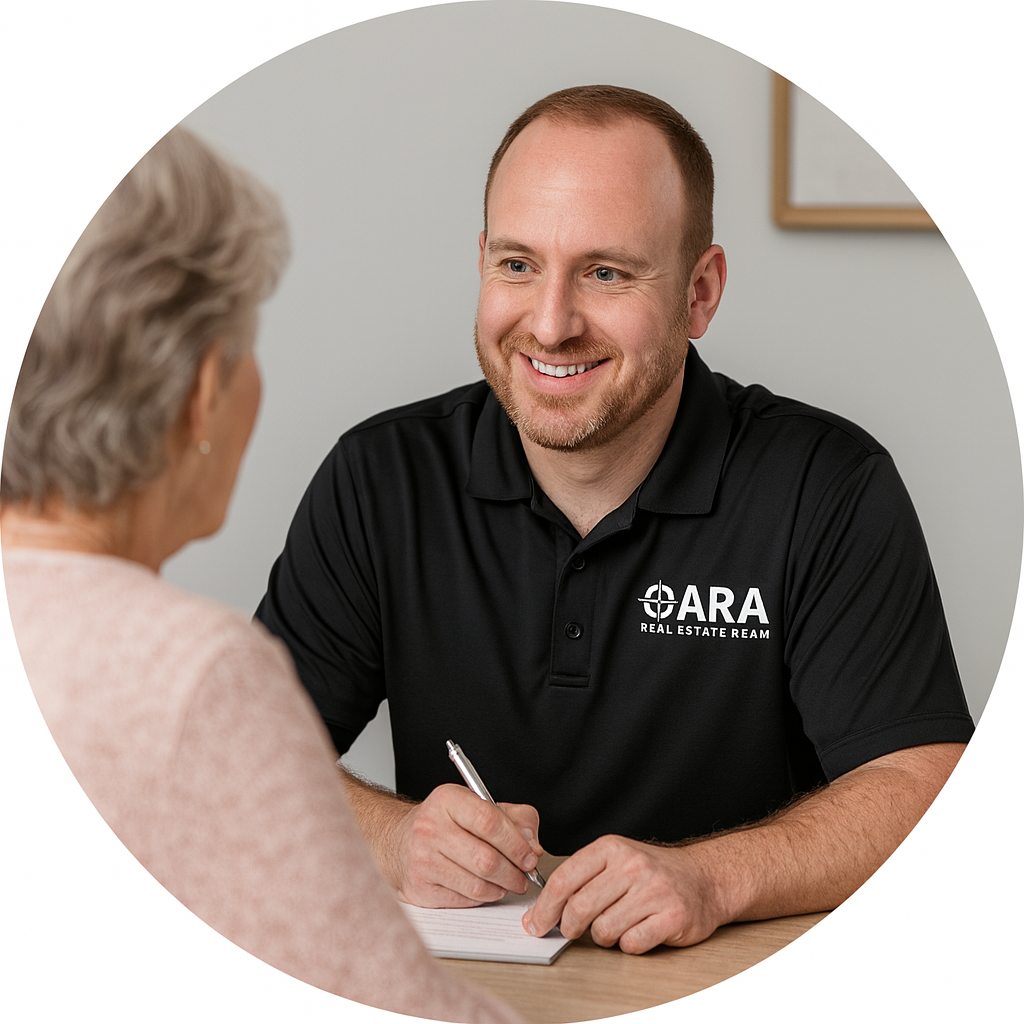 Mike Zapart meeting with an empty-nester client during a real estate consultation, providing personalized guidance in a warm, professional Arlington Heights office setting.