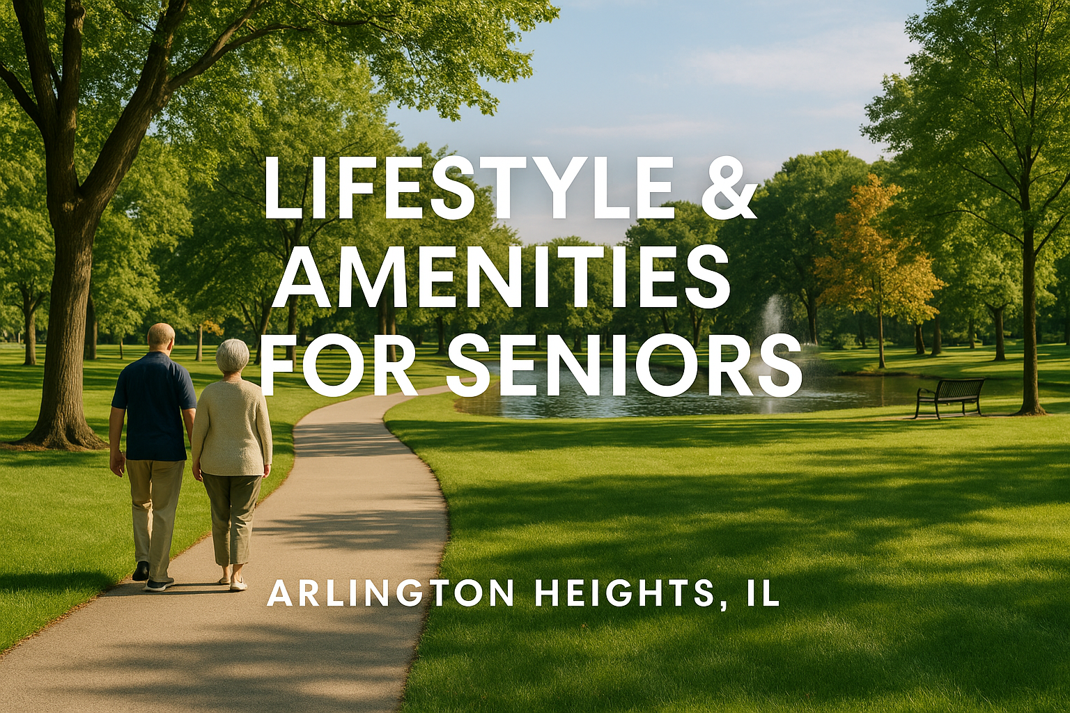 Senior couple walking along a peaceful path in an Arlington Heights community park with lush greenery, a pond, and open spaces highlighting lifestyle amenities ideal for older adults.