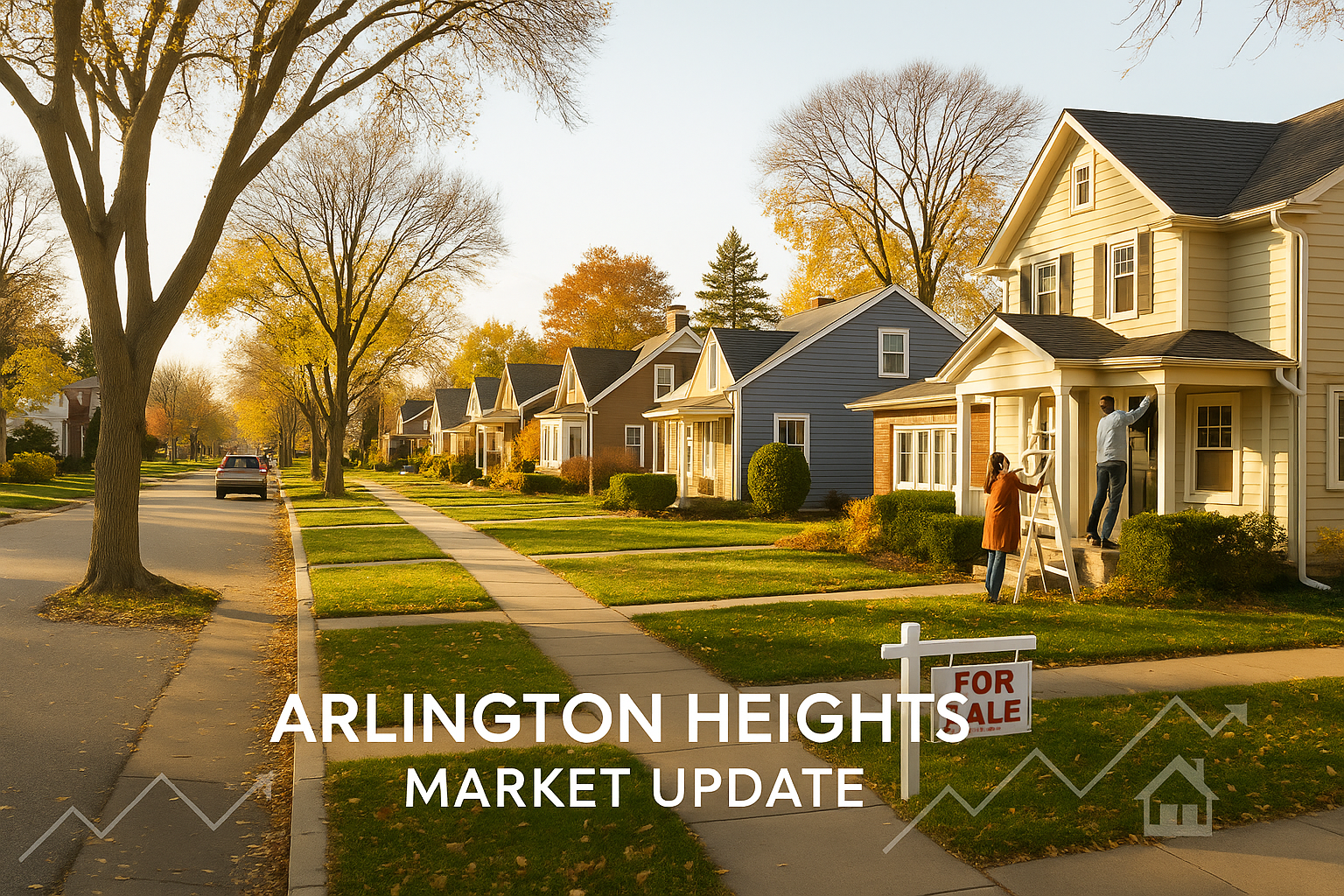 Sunlit suburban street in Arlington Heights with well-maintained homes and sellers preparing a house for sale, showcasing the vibrant real estate market and strong curb appeal.