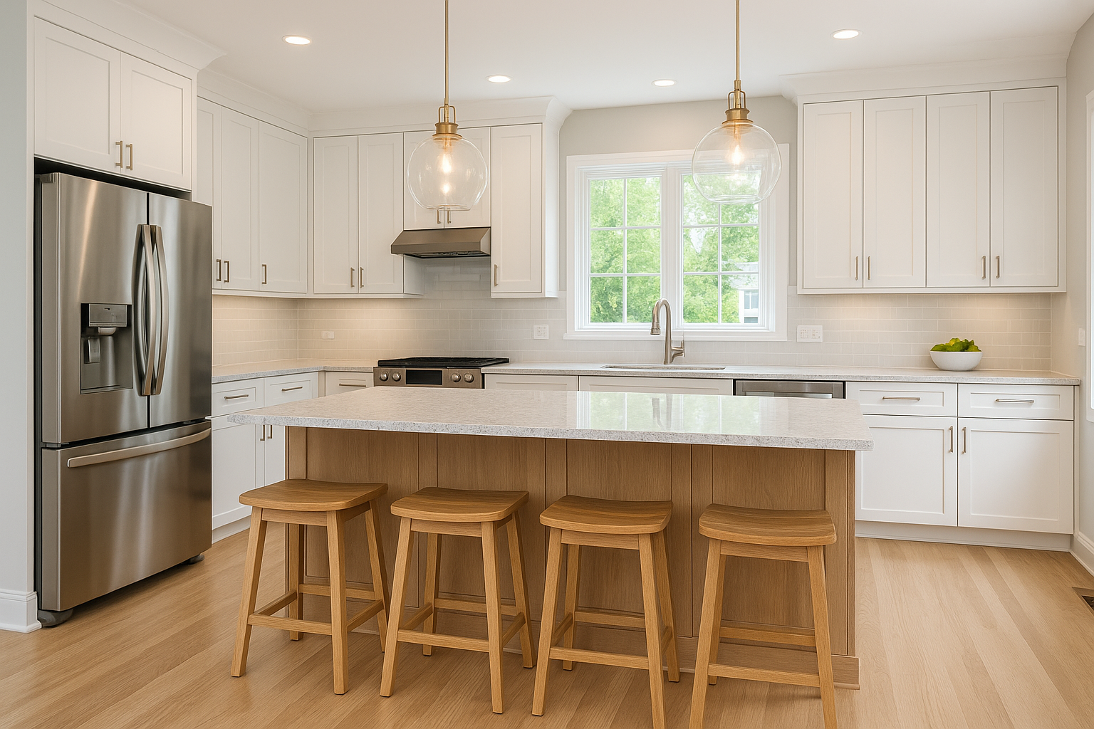 Modern kitchen at 11 S Evergreen Ave in Arlington Heights featuring a large island, white cabinetry, stainless steel appliances, and family-friendly open layout.