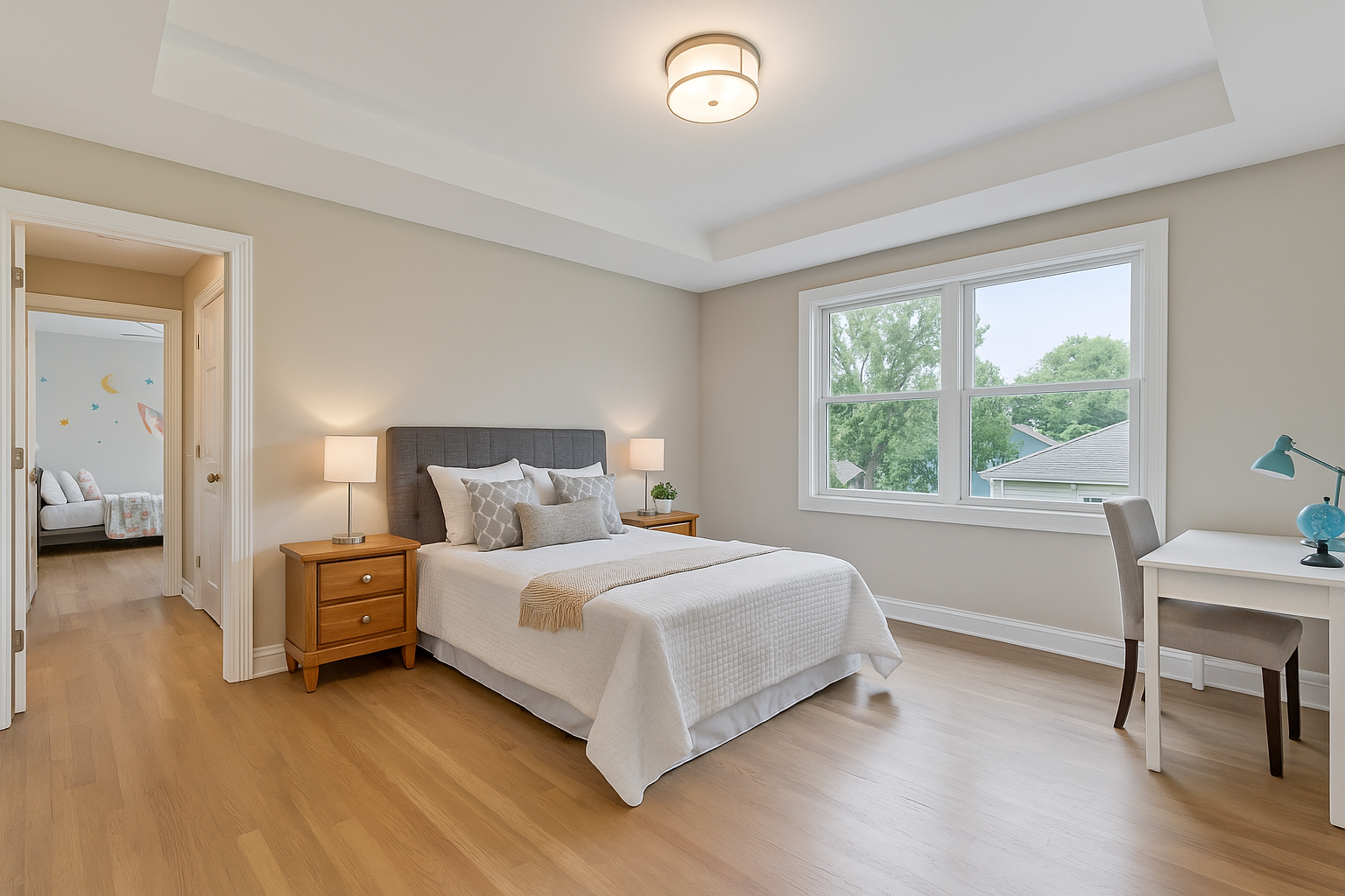 Bright and spacious bedroom inside a 4-bedroom home in Arlington Heights, showcasing family-friendly layout, natural light, and modern finishes.