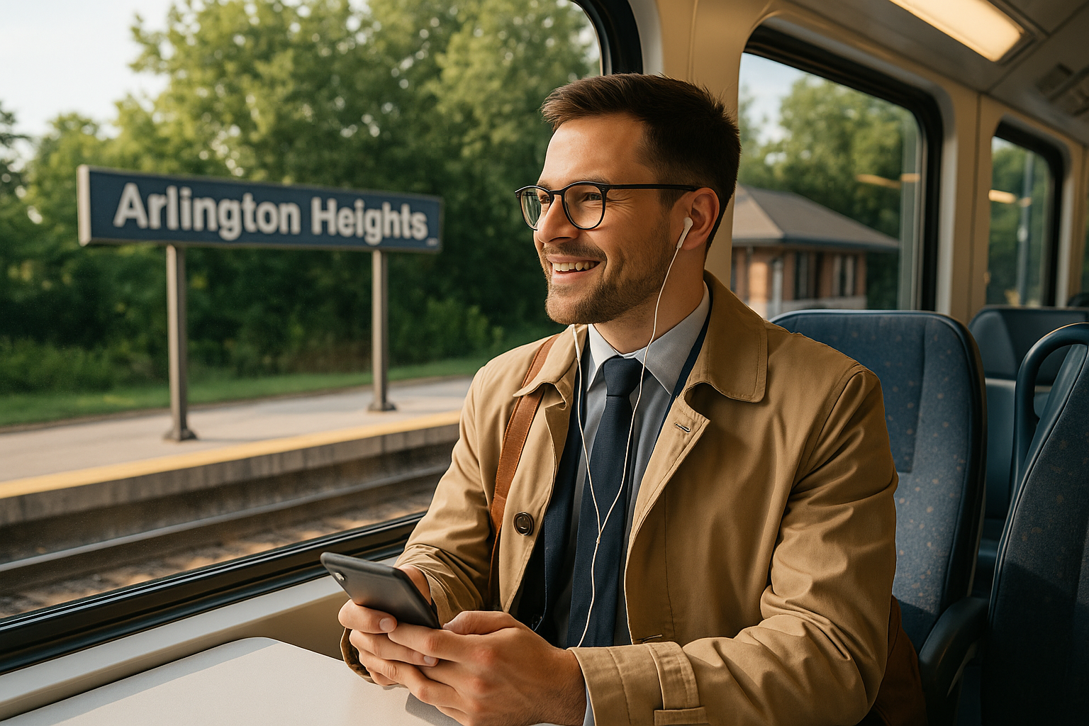 Young professional commuting from Arlington Heights on a Metra train, showcasing the convenience and ease of traveling to downtown Chicago for local home buyers.