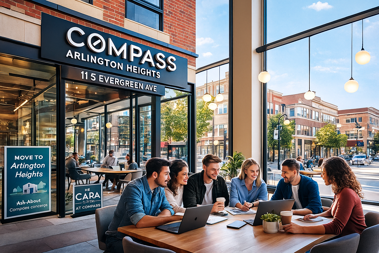 Vibrant coworking space inside Compass Arlington Heights at 11 S Evergreen Ave, with professionals collaborating by large windows overlooking Downtown Arlington Heights.