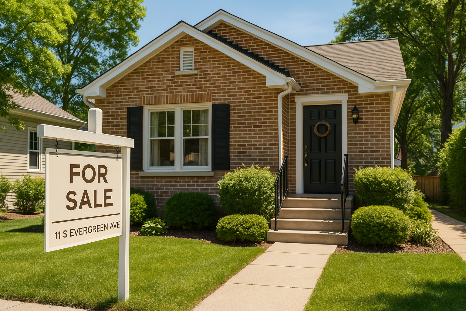 Beautifully staged Arlington Heights home for sale with a real estate sign displaying 11 S Evergreen Ave, showcasing strong curb appeal for potential home sellers.