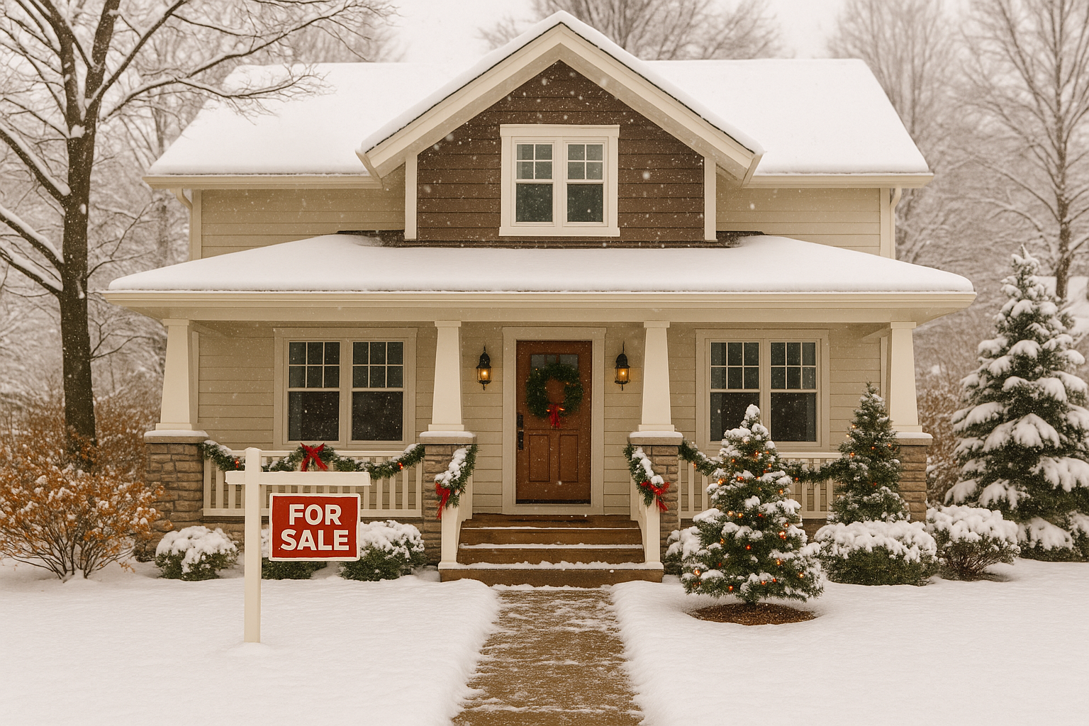 Charming Arlington Heights home for sale in a snowy winter setting, decorated with wreaths and garland, highlighting the appeal of winter home buying for first-time buyers.