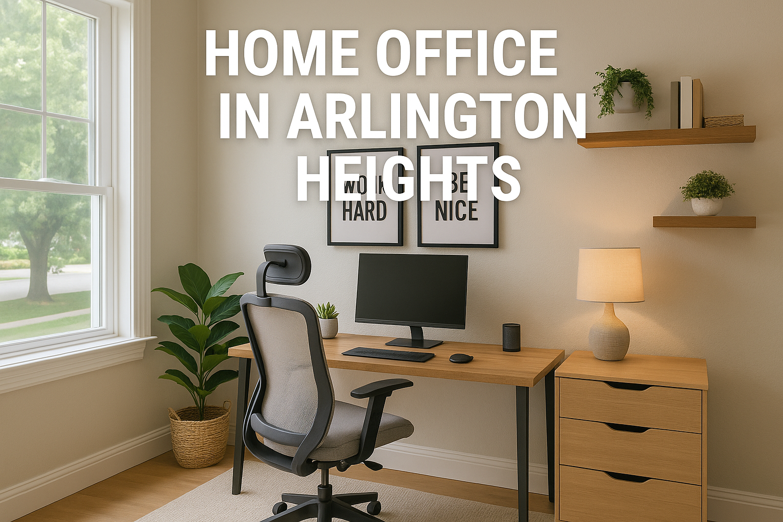 Cozy and stylish Arlington Heights home office setup with ergonomic chair, wooden desk, natural light, and minimalist décor perfect for remote workers.