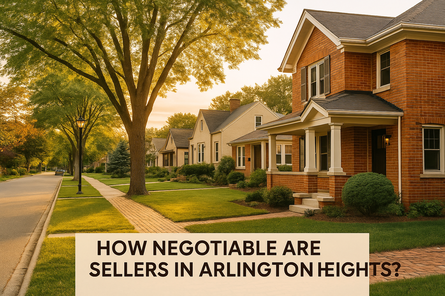 Charming residential street in downtown Arlington Heights with historic-style homes, brick sidewalks, mature trees, and warm evening light, showcasing the vibrancy of the local real estate market.