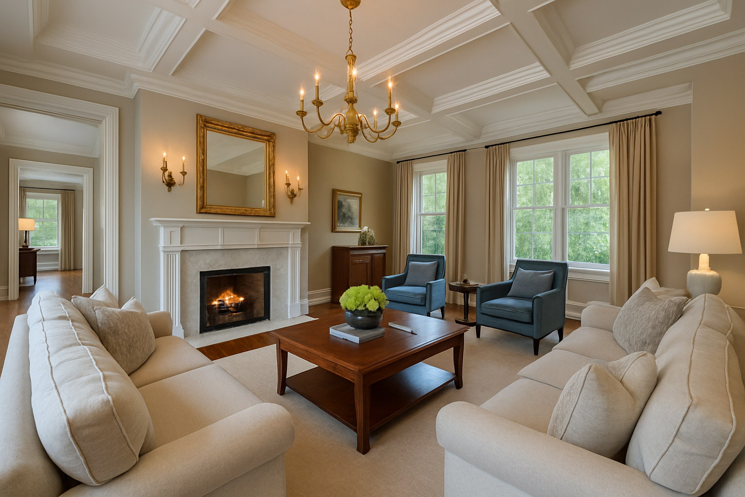 Luxurious living room interior in an Arlington Heights home featuring coffered ceilings, marble fireplace, elegant lighting, and upscale finishes ideal for luxury home buyers.