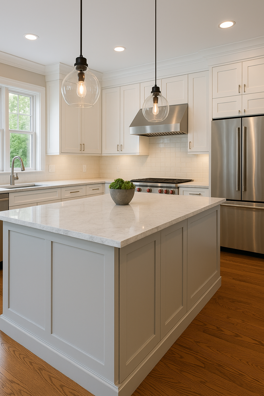 Modern kitchen interior in a newly built Arlington Heights home featuring a large island, white cabinets, quartz countertops, and stainless steel appliances.