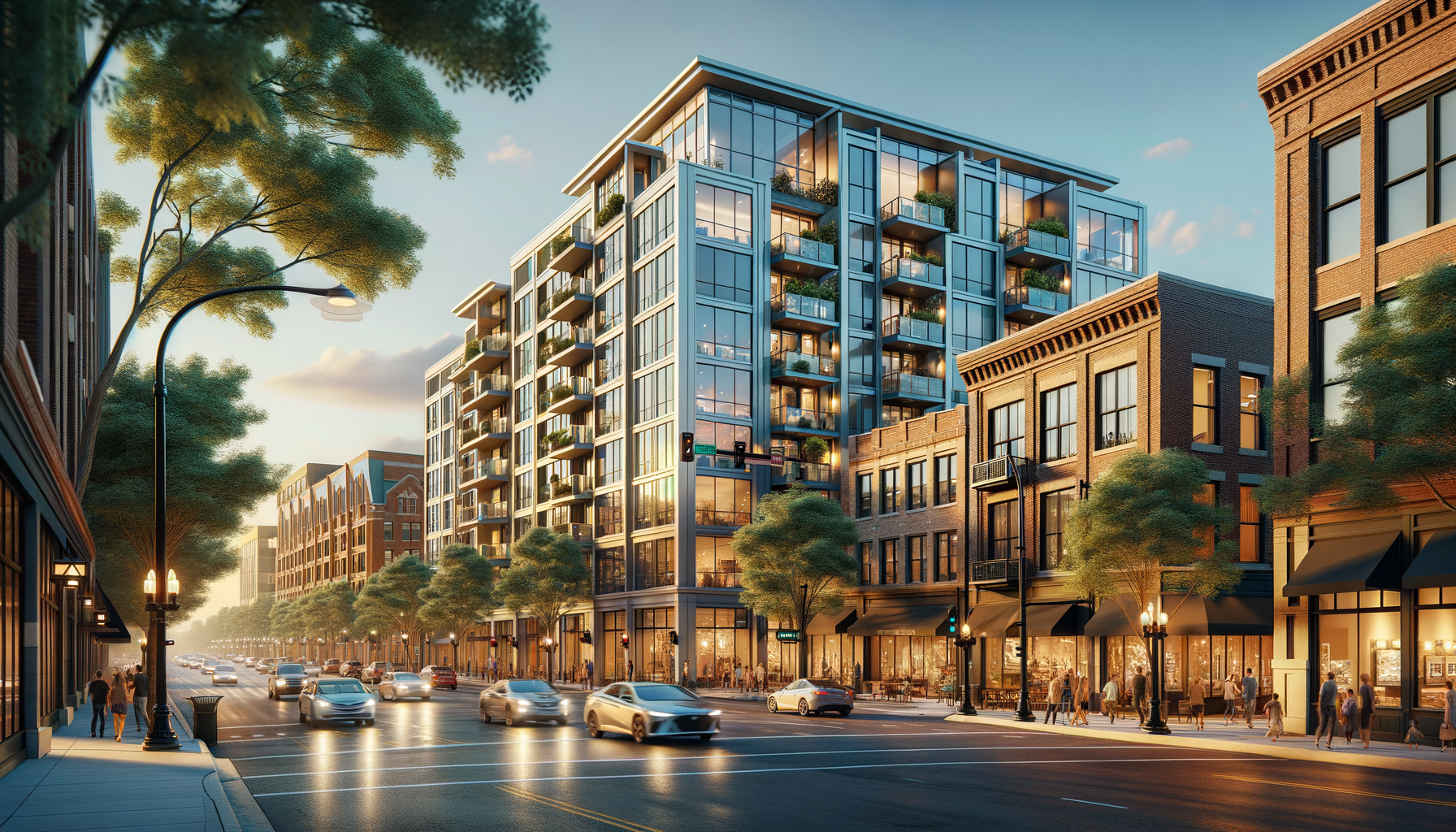 Walkable Arlington Heights neighborhood with modern apartments and classic storefronts, highlighting areas popular with first-time home buyers.