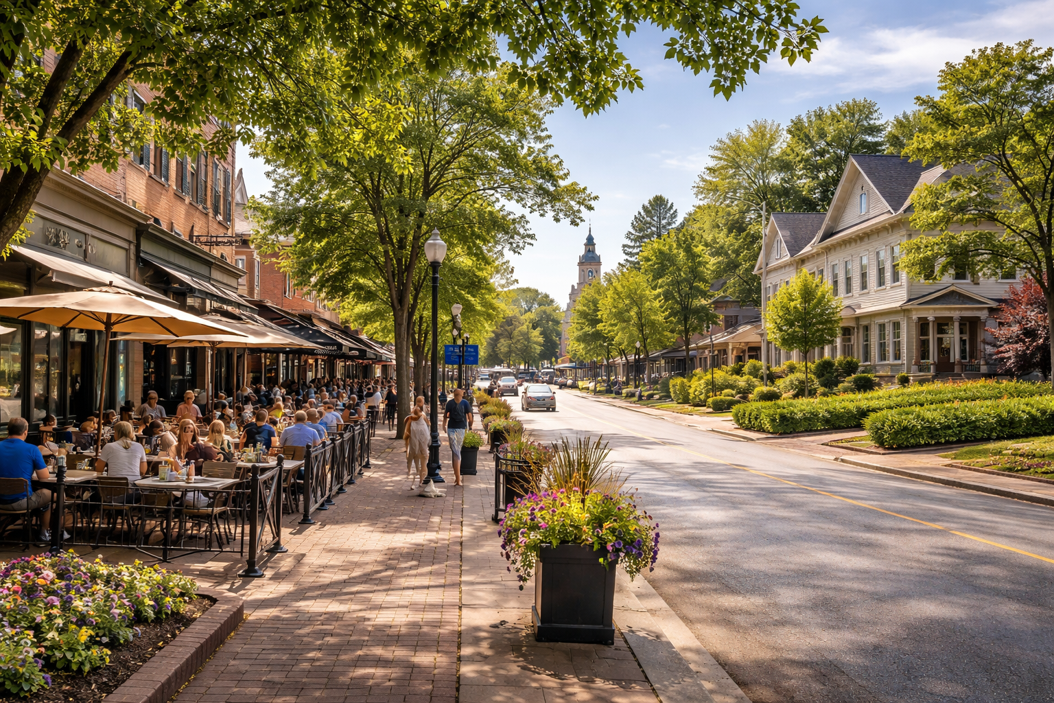 Walkable downtown Arlington Heights Illinois with outdoor dining, tree-lined streets, parks, and nearby residential homes on a sunny day