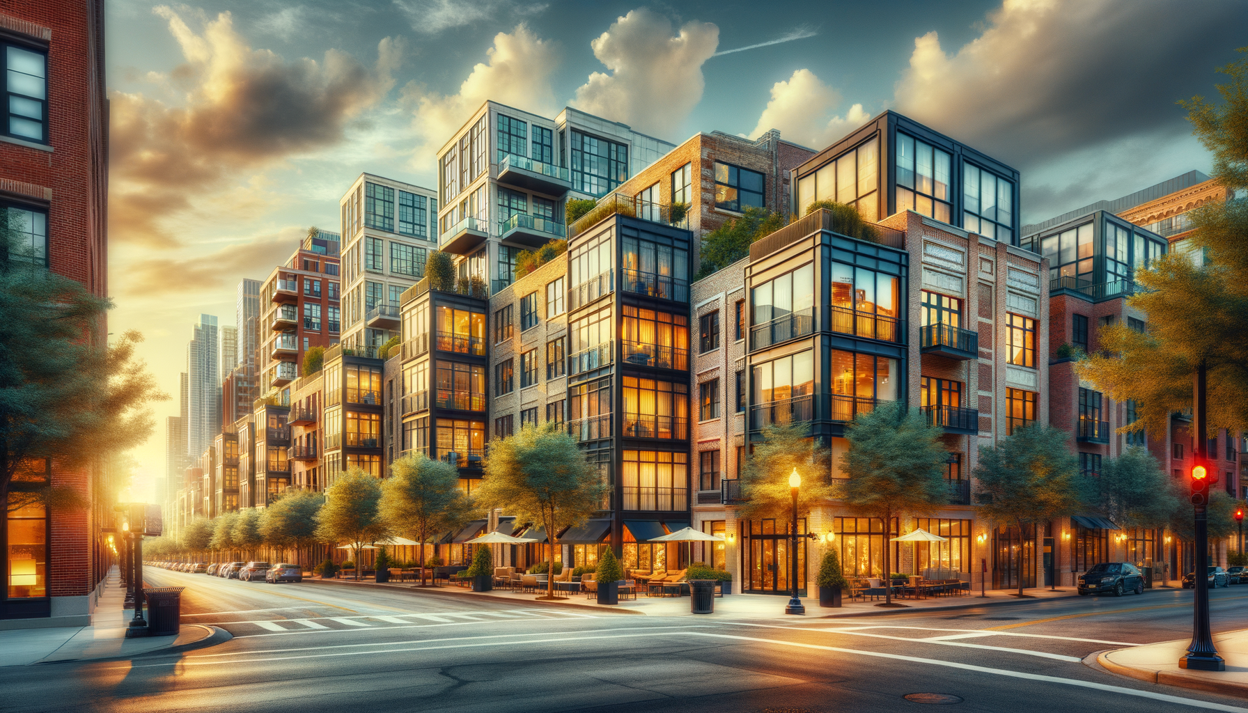 Modern mixed-use buildings near Arlington Heights, IL, illustrating how the new Chicago Bears stadium development could impact local home values and real estate demand.