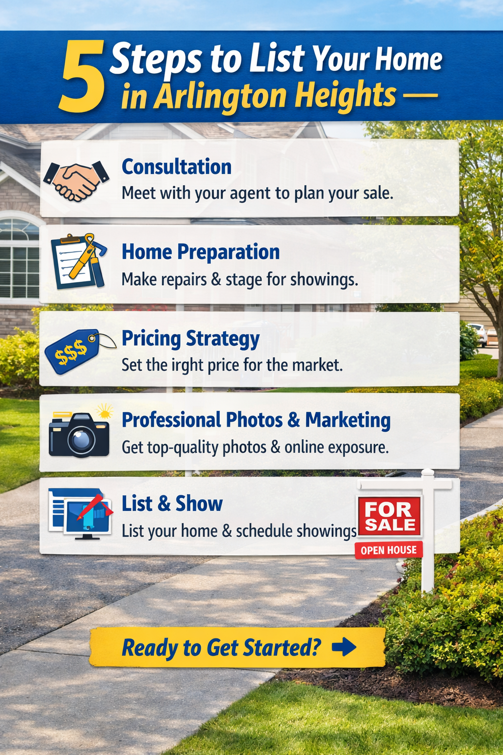 Exact next steps to list a home in Arlington Heights, including consultation, home preparation, pricing strategy, professional marketing, and listing.