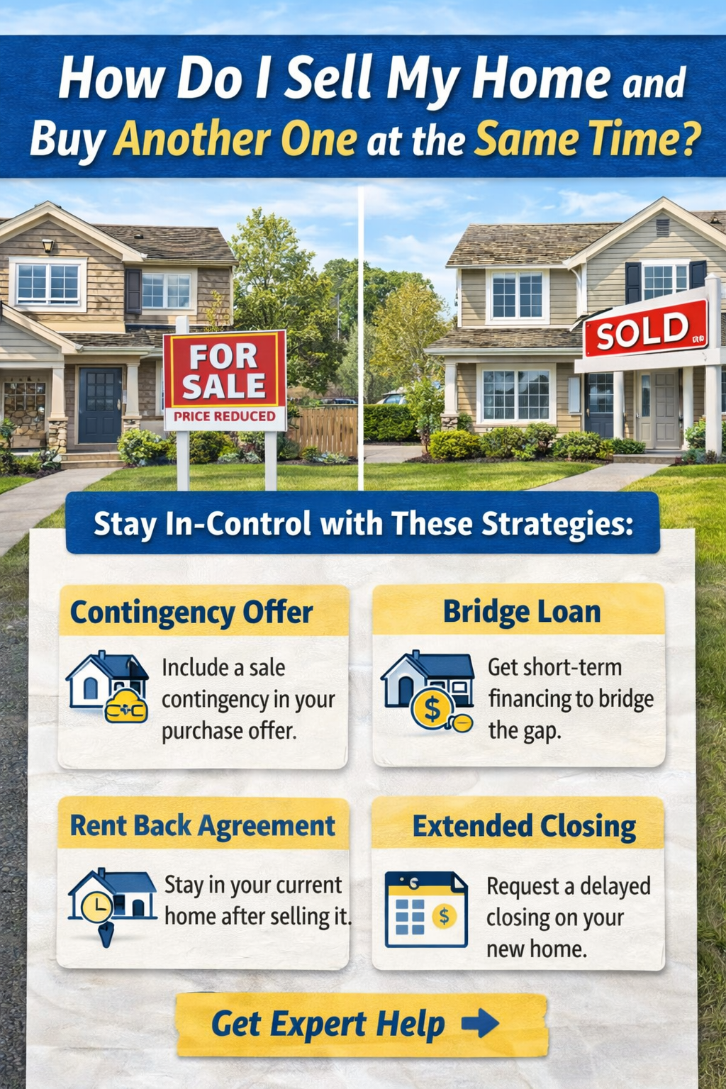 How to sell a home and buy another one at the same time in Arlington Heights, showing options like contingency offers, bridge loans, rent-back agreements, and extended closings.