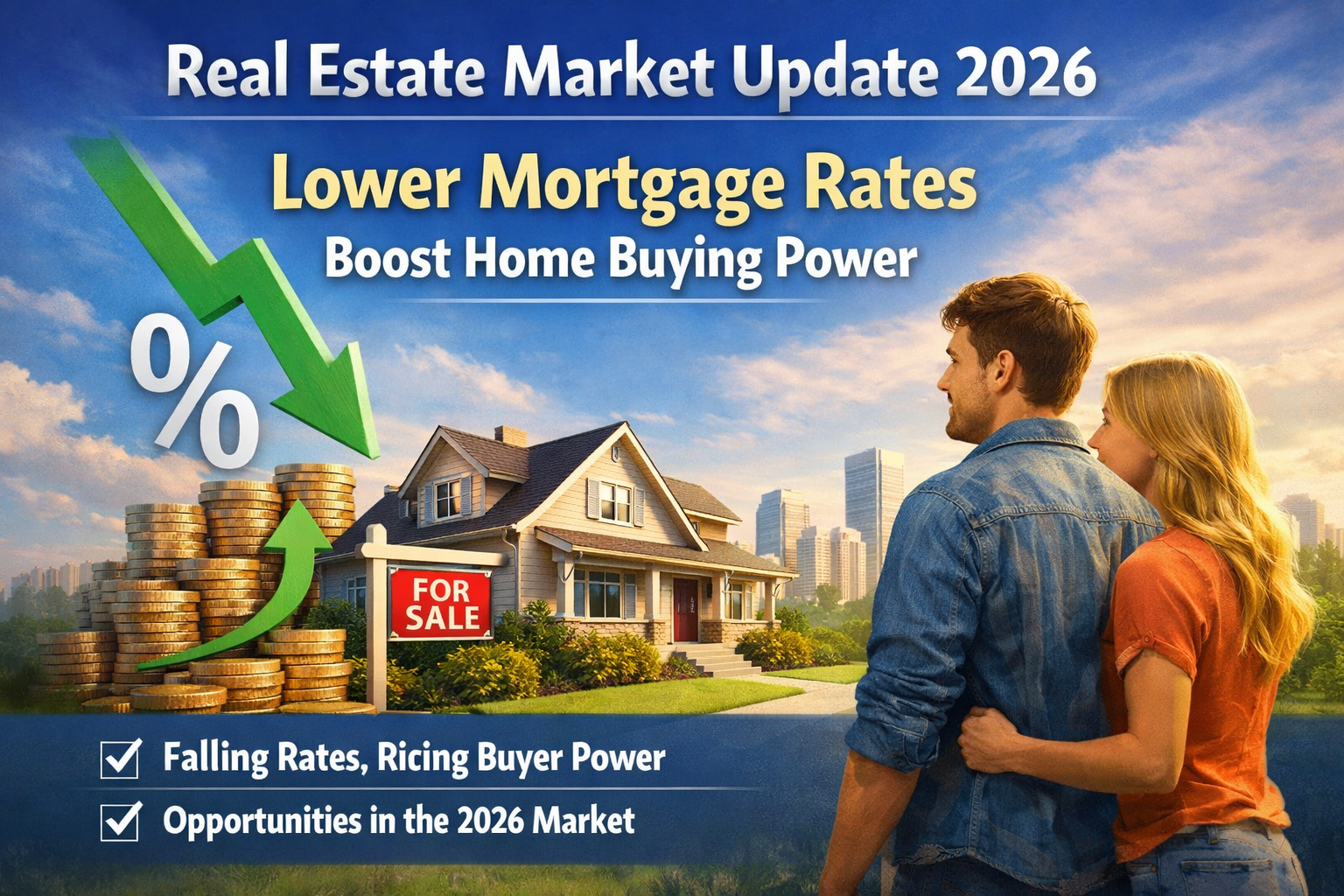 Real estate market update 2026 showing lower mortgage rates increasing home buying power with house, coins, and downward interest rate arrow